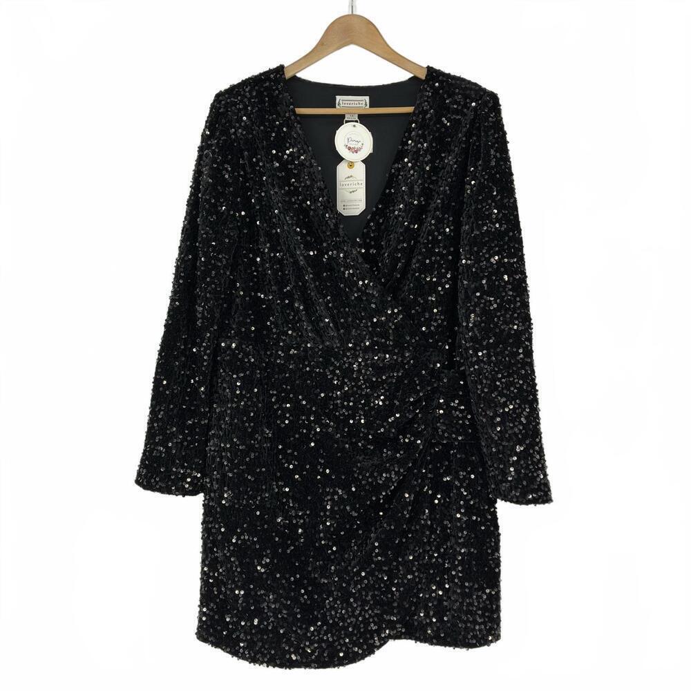 Loveriche Dancing Queen Black Sequin Wrap Dress Holiday Party Formal Cocktail 1X